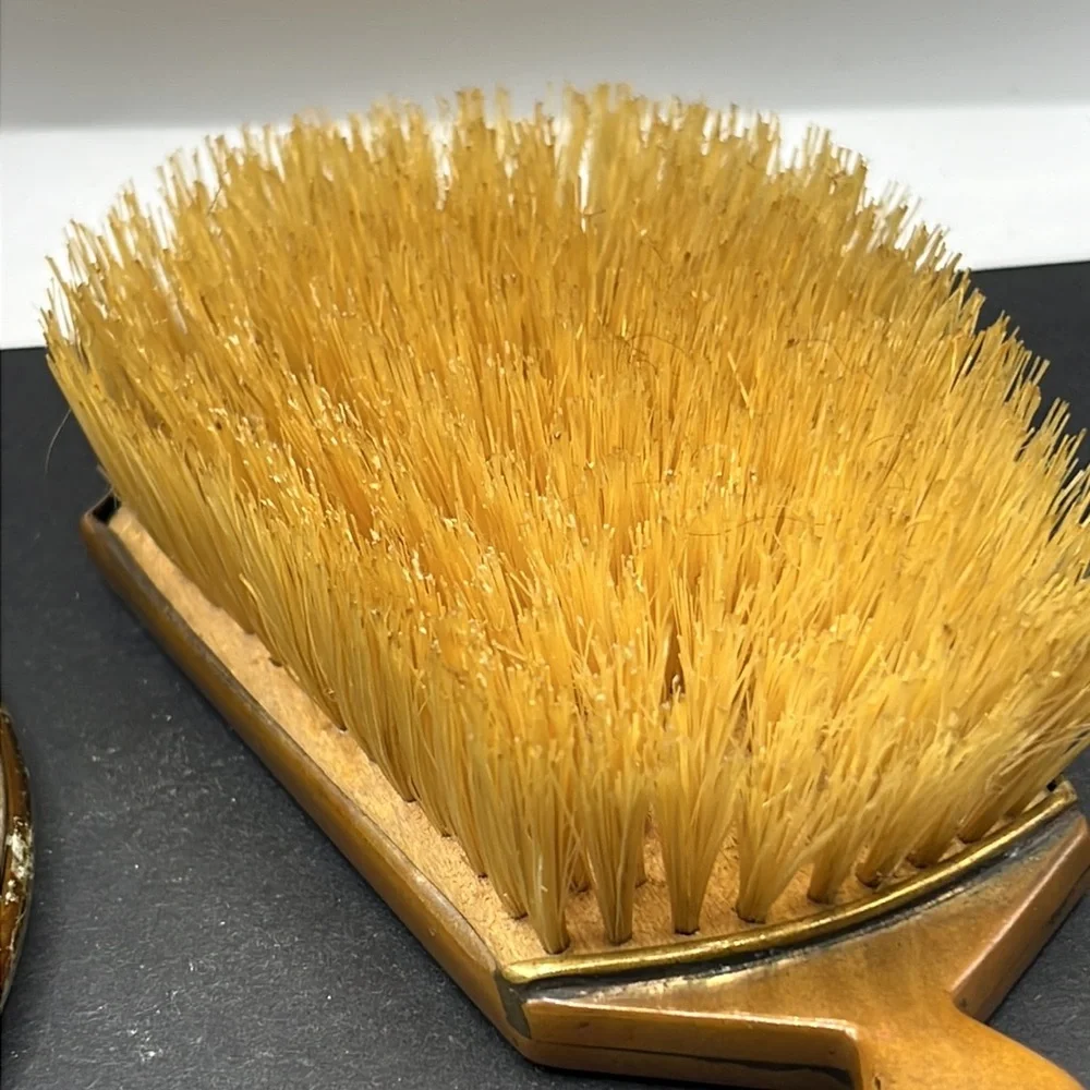 Vintage vanity flower mirror and brush set
